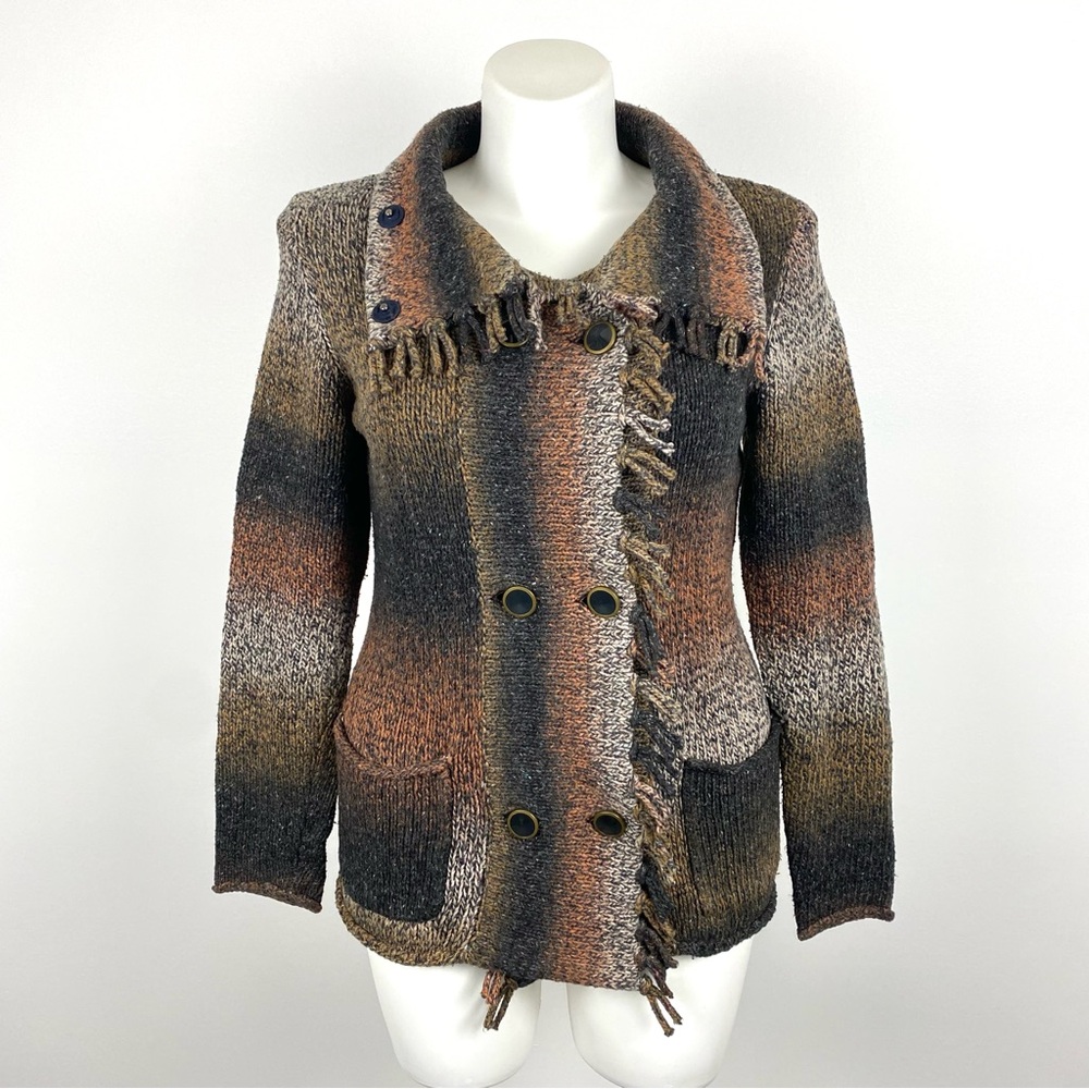 CAbi Frontier Fringe Cardigan Sweater Brown, Black, White Style 903 M